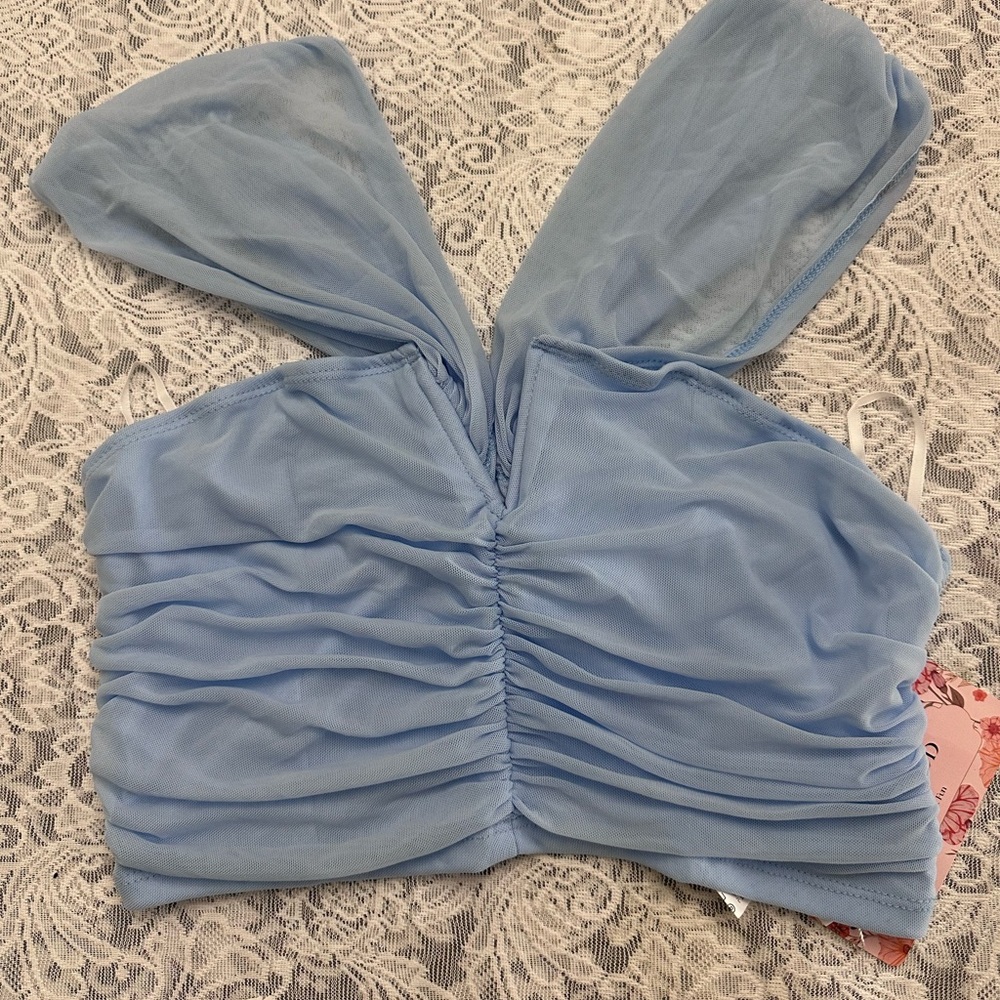 SHEIN Light Blue Ruched Mesh Sweetheart Crop Top Size L NWT